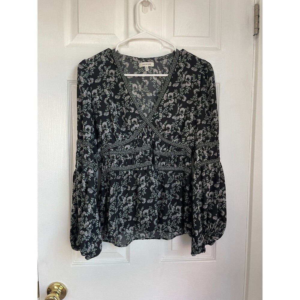 Max Studio Blouse Womens Small Black Floral V Neck long sleeve shirt top